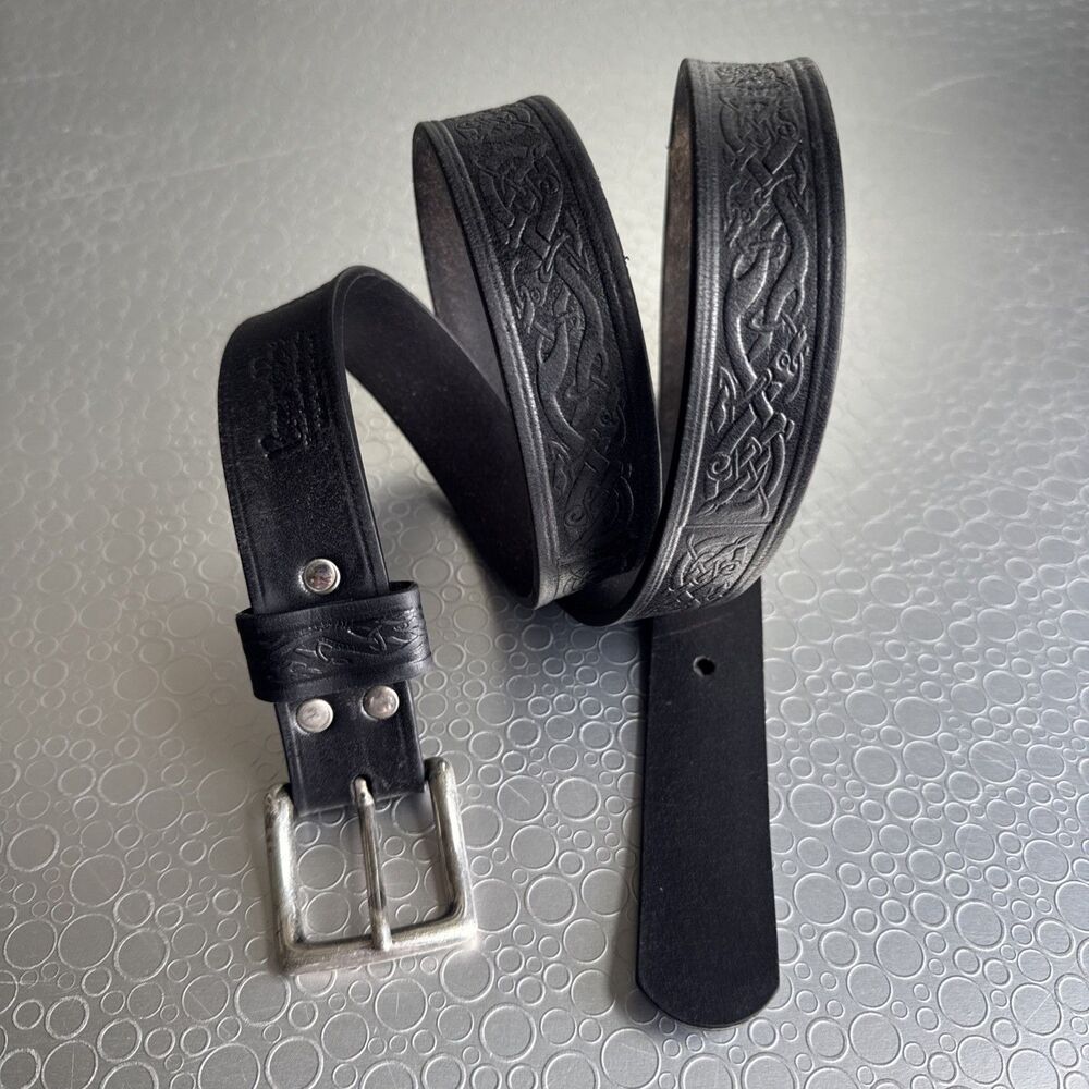 Brendans Roe Ireland Black Leather Celtic Knot Embossed Belt - Size 38 Gothic